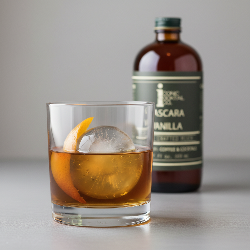Old fashioned with Cascara Vanilla bottle in background