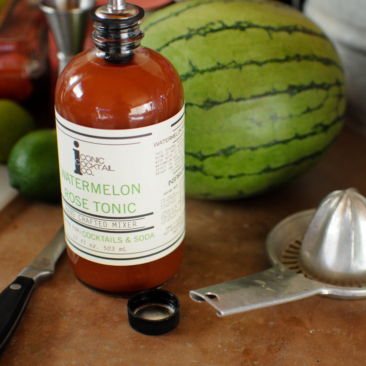seasonal cocktail mixer watermelon rose tonic
